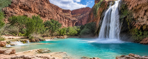 Havasu Falls cascading into a brilliant turquoise pool surrounded by red canyon cliffs and lush greenery in Arizona.