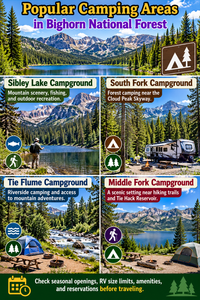 Colorful collage showcasing four popular camping areas in Bighorn National Forest, Wyoming: Sibley Lake, South Fork, Tie Flume, and Middle Fork Campgrounds, featuring mountain lakes, RV camping, fishing, riverside tents, hiking, and scenic wilderness.