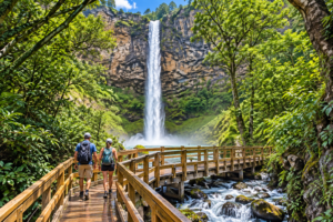 Bridal Veil Falls Utah: Hiking, Waterfalls & Outdoor Adventures 2 Two hikers walking across a wooden bridge toward a tall waterfall surrounded by lush forest and rugged cliffs near Bridal Veil Falls, Utah.