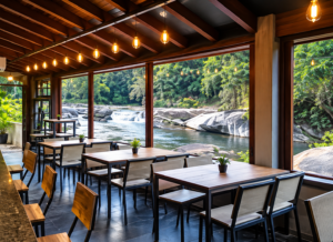 Riverside restaurant with large windows overlooking a rocky river and lush green forest, featuring wooden tables, modern seating, and warm hanging lights.