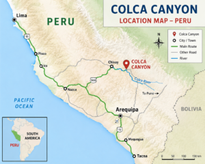 Explore Colca Canyon, Peru: Ultimate Adventure & Vacation Guide 10 Detailed location map of Colca Canyon, Peru, showing Arequipa, Chivay, the Colca River, major travel routes, and the canyon's location in southern Peru.