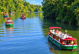 Explore New York’s Scenic Finger Lakes Region 3 Sightseeing boats carrying travelers along a calm river surrounded by dense green forest on a sunny day.