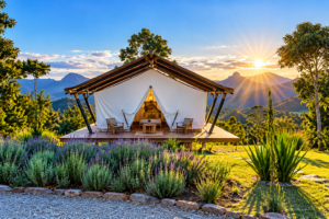 Luxury glamping tent surrounded by lush gardens and mountain scenery at sunrise, featuring a private deck, outdoor seating, and peaceful natural surroundings.