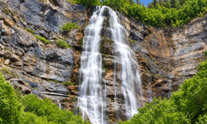 Bridal Veil Falls Utah: Hiking, Waterfalls & Outdoor Adventures 1 Bridal Veil Falls cascading down a towering rocky cliff surrounded by lush green trees in Provo Canyon, Utah.
