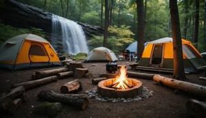 campsite with tents in the woods and campfire and waterfalls