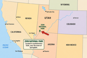 Zion National Park Utah Vacation 9 Map showing the location of Zion National Park in southwestern Utah, with a red arrow pointing to the park near Springdale and surrounding states and major cities labeled.