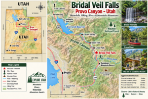 Bridal Veil Falls Utah: Hiking, Waterfalls & Outdoor Adventures 7 Illustrated Utah travel map showing Bridal Veil Falls in Provo Canyon, Provo River, Sundance Mountain Resort, Provo, Deer Creek Reservoir, and the location within the state of Utah.