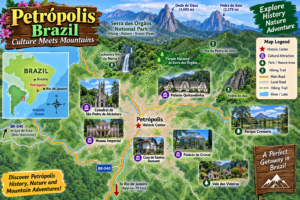 Illustrated map of Petrópolis, Brazil, highlighting the historic center, Imperial Museum, Crystal Palace, Quitandinha Palace, Serra dos Órgãos National Park, hiking trails, waterfalls, and surrounding mountain attractions.