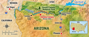 Arizona travel map highlighting the Havasu Canyon area and its location relative to Grand Canyon National Park, Grand Canyon Village, Sedona, Phoenix, Lake Powell, and Las Vegas. The map provides helpful geographic context for travelers planning a Havasu Falls adventure.