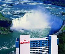 Hotel at a waterfalls and river.