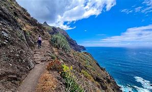 person hiking on a trail on steep cliffs
