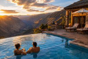 Explore Colca Canyon, Peru: Ultimate Adventure & Vacation Guide 9 Luxury infinity pool overlooking Colca Canyon, Peru, with guests relaxing while enjoying spectacular sunset views of the Andes.