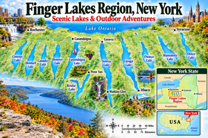 Illustrated map of the Finger Lakes Region in New York highlighting 11 scenic lakes, including Seneca, Cayuga, Keuka, Canandaigua, and Skaneateles, with waterfalls, hiking areas, nearby towns, and mini maps showing the region's location in New York State and the USA.