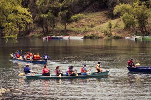 Groups of people wearing life jackets paddling canoes across a calm lake surrounded by wooded hills, with colorful boats resting along the shoreline.