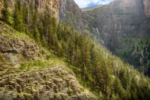 Scenic mountain landscape featuring towering rocky cliffs, dense evergreen forests, a distant waterfall, and a rugged wilderness valley.