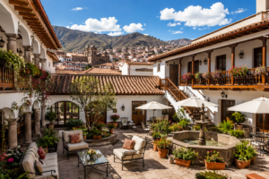 Beautiful Cusco hotel courtyard with traditional architecture, wooden balconies, gardens, and views of the Andes in Peru.
