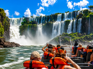 Iguazu Falls Photography Tours 4 Tourists wearing life jackets experience an exciting boat ride beneath the towering waterfalls of Iguazu Falls in Brazil.