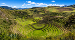 Wide scenic view of the circular Inca terraces of Moray surrounded by lush green Andean hills near Cusco, Peru.