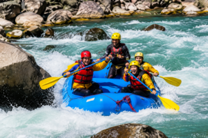Whitewater rafting adventure on a turquoise mountain river near Cusco, Peru