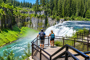 Two hikers with backpacks standing on a wooden observation platform overlooking a powerful waterfall, turquoise river, rugged rocky cliffs, and lush evergreen forests at a scenic wilderness destination.
