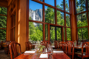 Elegant restaurant dining room in Yosemite National Park with floor-to-ceiling windows overlooking a stunning granite cliff, waterfall, and lush evergreen forest.