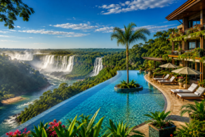 Iguazu Falls Photography Tours 7 Luxury resort with an infinity pool overlooking Iguazu Falls, surrounded by lush tropical rainforest and breathtaking waterfall views.