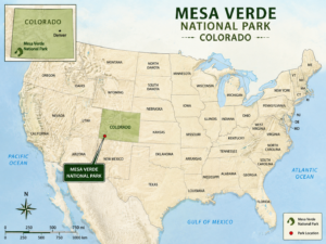 Illustrated map showing the location of Mesa Verde National Park in southwestern Colorado, highlighting the park's position within the United States and its proximity to nearby landmarks and major travel routes.