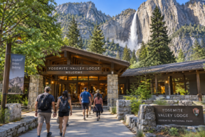 Visitors walking toward the entrance of Yosemite Valley Lodge with Yosemite Falls and granite cliffs rising in the background.