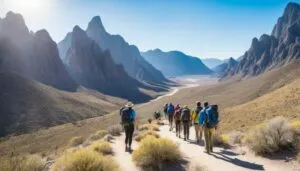 Hikers exploring a desert mountain trail in Big Bend National Park, Texas