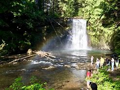 People at a waterfall in the forest on a sunny day