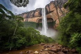 Angel Falls Venezuela Vacation 7 Waterfalls in a rainforest with trees on a cloudy day.