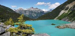 view of a lake with mountains all around the area