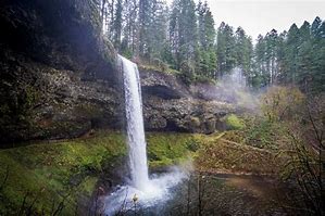 Waterfalls in a forest and steep cliffs with vegetation