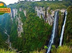 Waterfalls at a rainforest with steep cliffs and vegetation.