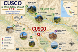 Illustrated map of Cusco and the Sacred Valley in Peru showing Machu Picchu, Pisac, Urubamba, Ollantaytambo, Rainbow Mountain, Lake Titicaca, and other nearby attractions.