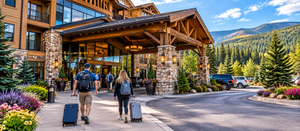 Two travelers pulling suitcases toward the entrance of a beautiful mountain resort hotel featuring rustic timber architecture, stone pillars, large glass windows, colorful flower gardens, and scenic forested mountains.
