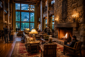 Guests relaxing in a grand Yosemite lodge lobby with a massive stone fireplace, rustic timber architecture, comfortable seating, and large windows overlooking the surrounding mountain landscape.