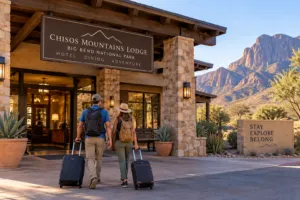 Travelers walking with luggage toward a mountain lodge entrance near Big Bend National Park, Texas.