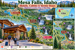 Colorful illustrated travel map of Mesa Falls, Idaho, featuring Upper and Lower Mesa Falls, Ashton, Island Park, the Mesa Falls Scenic Byway, scenic hotels and cabins, evergreen forests, and a mini location map of eastern Idaho.