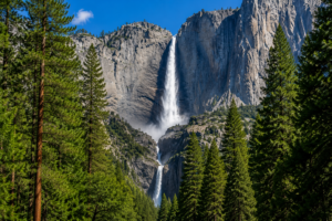 Upper Yosemite Falls cascading down a towering granite cliff in Yosemite National Park, California, surrounded by lush evergreen pine trees under a bright blue sky.