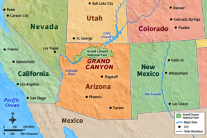 Clear map showing the location of Grand Canyon National Park in northern Arizona, with surrounding states, major cities, the Colorado River, Lake Powell, and nearby southwestern landmarks.