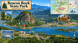 Beacon Rock WA. Camping And Hiking Tours 9 Illustrated map of Beacon Rock State Park, Washington, showing the Columbia River Gorge, Beacon Rock Trail, Stevenson, Skamania Lodge, Bonneville Dam, Cascade Locks, and Bridge of the Gods, with inset maps of Washington State and the USA.