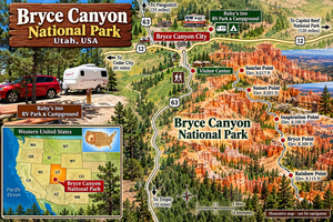 Illustrated map of Bryce Canyon National Park in southern Utah, featuring orange hoodoos, scenic overlooks, hiking trails, Ruby's Inn RV Park & Campground, Bryce Canyon City, and a mini USA map highlighting the park's location in Utah.