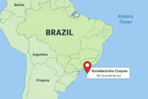 Map of Brazil showing the location of Itaimbezinho Canyon in southern Brazil near the Atlantic coast with a red location marker.