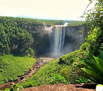 Waterfalls in a rainforest with lots of vegetation.