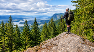 Beacon Rock WA. Camping And Hiking Tours 3 Hiker with a backpack and trekking pole standing on a rocky overlook above evergreen forests, with sweeping views of the Columbia River Gorge, distant mountains, and cloudy blue skies.