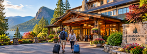 Beacon Rock WA. Camping And Hiking Tours 8 Couple walking toward a scenic mountain lodge with rolling luggage, surrounded by evergreen forests, colorful flowers, and Columbia River Gorge mountain scenery in Washington.