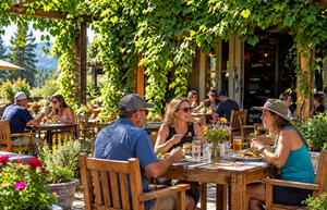 Beacon Rock WA. Camping And Hiking Tours 7 Visitors enjoying lunch and conversation at a rustic outdoor café, surrounded by lush green vines, colorful flowers, wooden tables, and scenic mountain views.