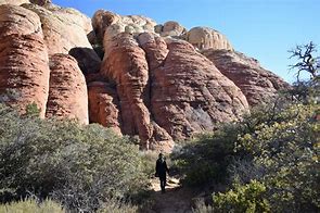 person hiking on a trail with large rock formations in the background and vegetation in a desert