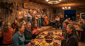 Guests enjoying a Western-style dinner at Ebenezer's Barn & Grill near Bryce Canyon, Utah, while live country musicians perform onstage with a fiddle, guitar, and upright bass inside a rustic wooden dining hall.